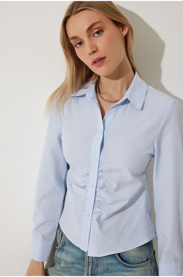 Women's Sky Blue Gather Detailed Shirt
