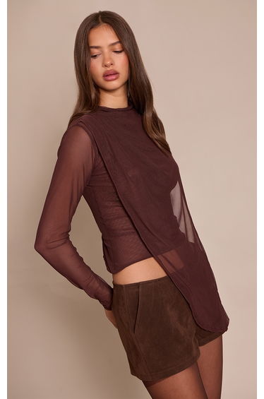 Dark Chocolate High Neck Mesh Drapey Long Sleeve Top