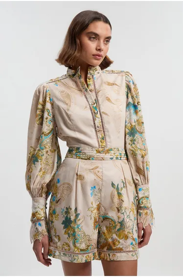 Tall Voile Floral Border Print Woven Playsuit With Ladder Lace Trim