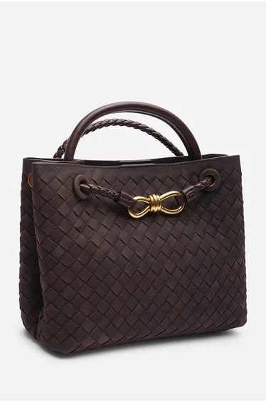 Luna Woven Leather Tote bag with Gold Detail in Brown Faux Suede