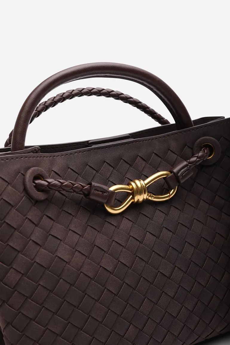 Luna Woven Leather Tote bag with Gold Detail in Brown Faux Suede - 4