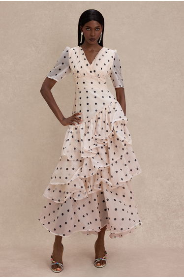 Polka Dot Ruffle V-Neck Maxi Dress