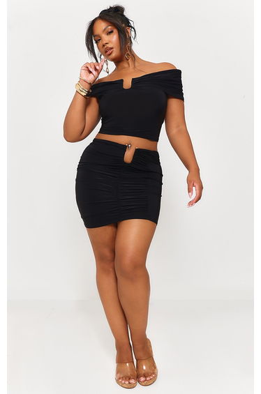 Plus Black Slinky Gold Trim Detail Bardot Top