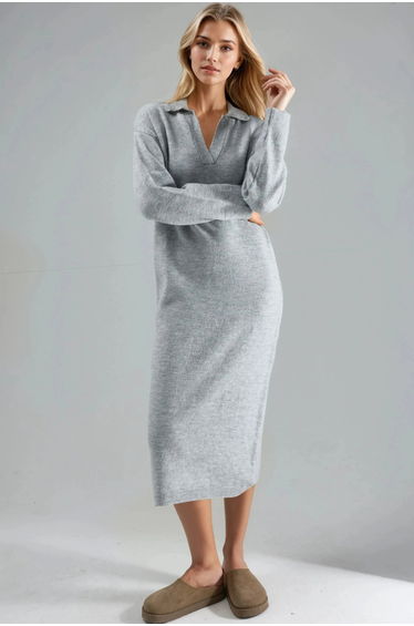 MY FASHION Ribbed Polo Collar Maxi Knit Dress