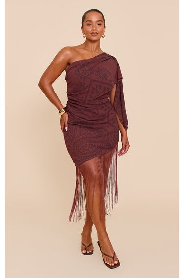 Shape Chocolate Paisely Print Fringe Hem One Shoulder Mini Dress
