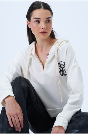 Women's Ecru Hooded Teddy Bear Embroidered Colorful Buttoned Cotton Sweatshirt