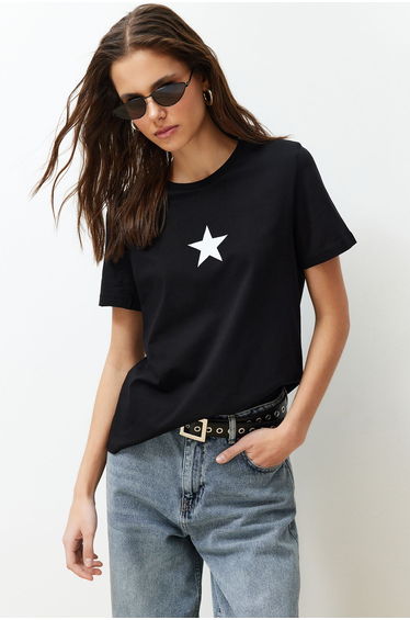 Black 100% Cotton Star Printed Regular/Regular Fit Crew Neck Knitted T-Shirt