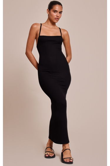Black Soft Touch Ribbed Strappy Maxi Dress