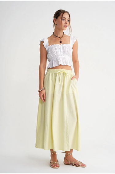 Mixray High-Waisted Poplin Skirt with Drawstring Detail