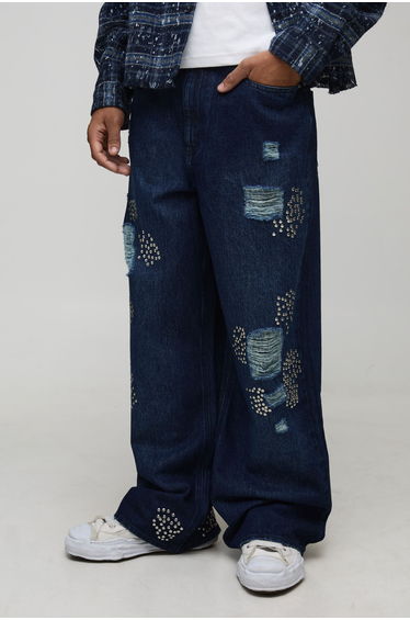 Wide Leg Rip & Repair Studded Jeans - dark blue