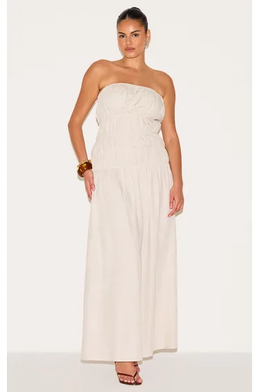 فستان ماكسي مزموم بأكتاف مكشوفة لون بيج - للمقاسات الكبيرة