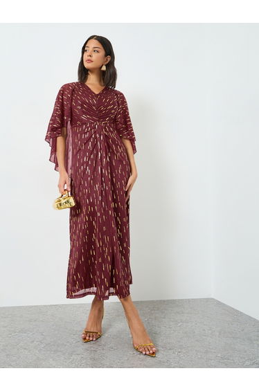Maroon Foil Print Cape Sleeve Maxi Dress
