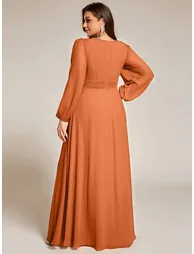 Long Sleeve Pleated Ruched A-Line Floor Length Bridesmaid Dresses - 6