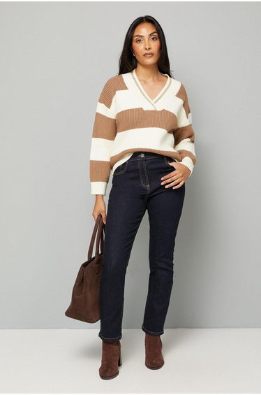 Petite Camel and Ivory Relaxed Stripe Cricket Jumper