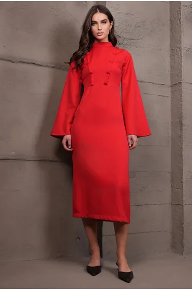 Women's Red Judge Collar Slit Maxi Length Dress