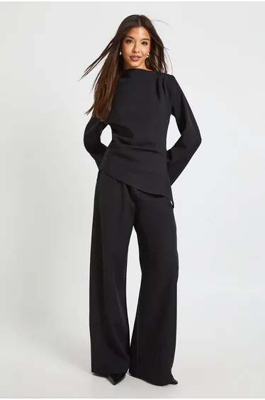 Draped Asymmetric Top & Wide Leg Trouser Co-ord - black