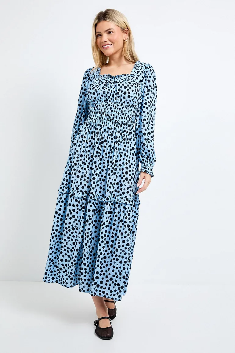 فستان ماكسي بطبقات متدرجة بأكمام بلوسون بياقة مربعة بطبعة منقطة - أزرق - 3