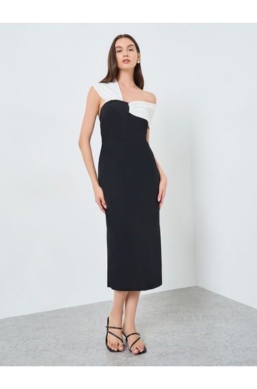 Colorblock One Shoulder Bodycon Midi Dress