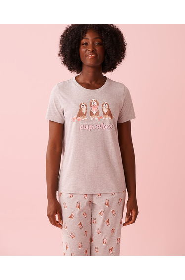 Dog & Cupcake Print Cotton Crew Neck T-shirt