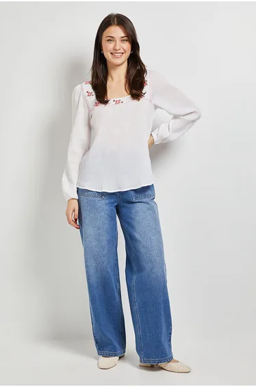 Embroidered Detail Long Sleeve Blouse