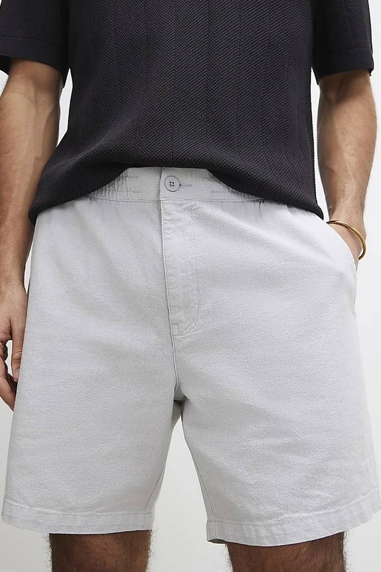 Grey Regular Fit Linen Pull On Shorts - 3