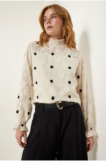 Cream Marked Polka Dot Woven Blouse