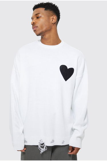 Oversized Distressed Hem And Heart Detail Jumper - white