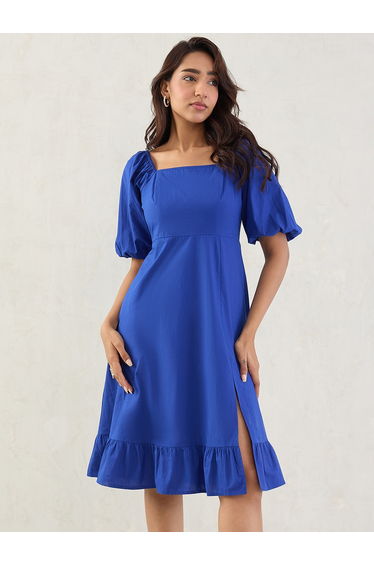 Blue Poplin Square Neck A-Line Midi Dress with Smocked Back