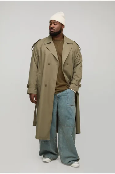 معطف واقي من المطر بتصميم واسع بأزرار مزدوجة - للمقاسات الكبيرة