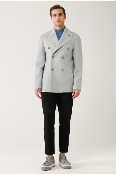Men's Grey Double Breasted Closure Lined Short Coat