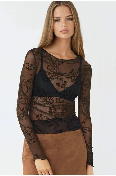 BUSEM Fitted Long Sleeve Flock Print Tulle Blouse