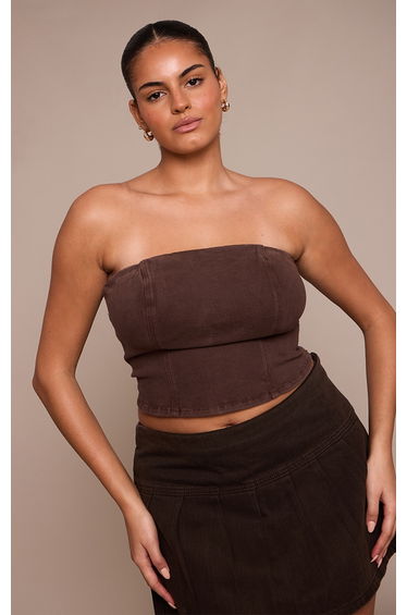 Plus Washed Brown Adjustable Elasticated Bandeau Corset Top