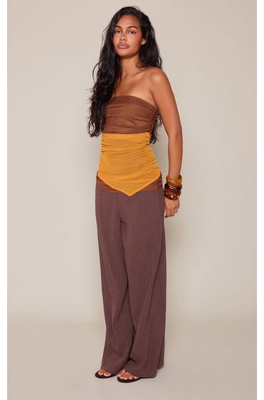 Brown Contrast Mesh Bandeau Longline Top