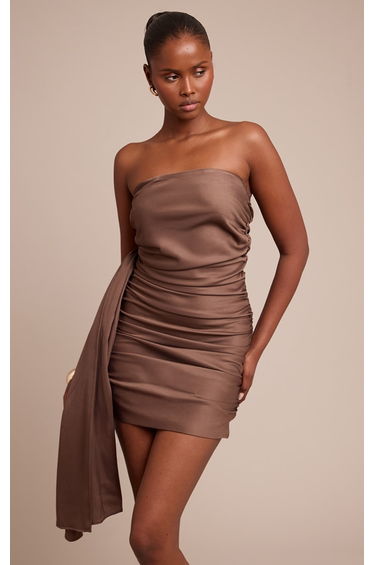 Mushroom Woven Bandeau Ruched Draped Mini dress