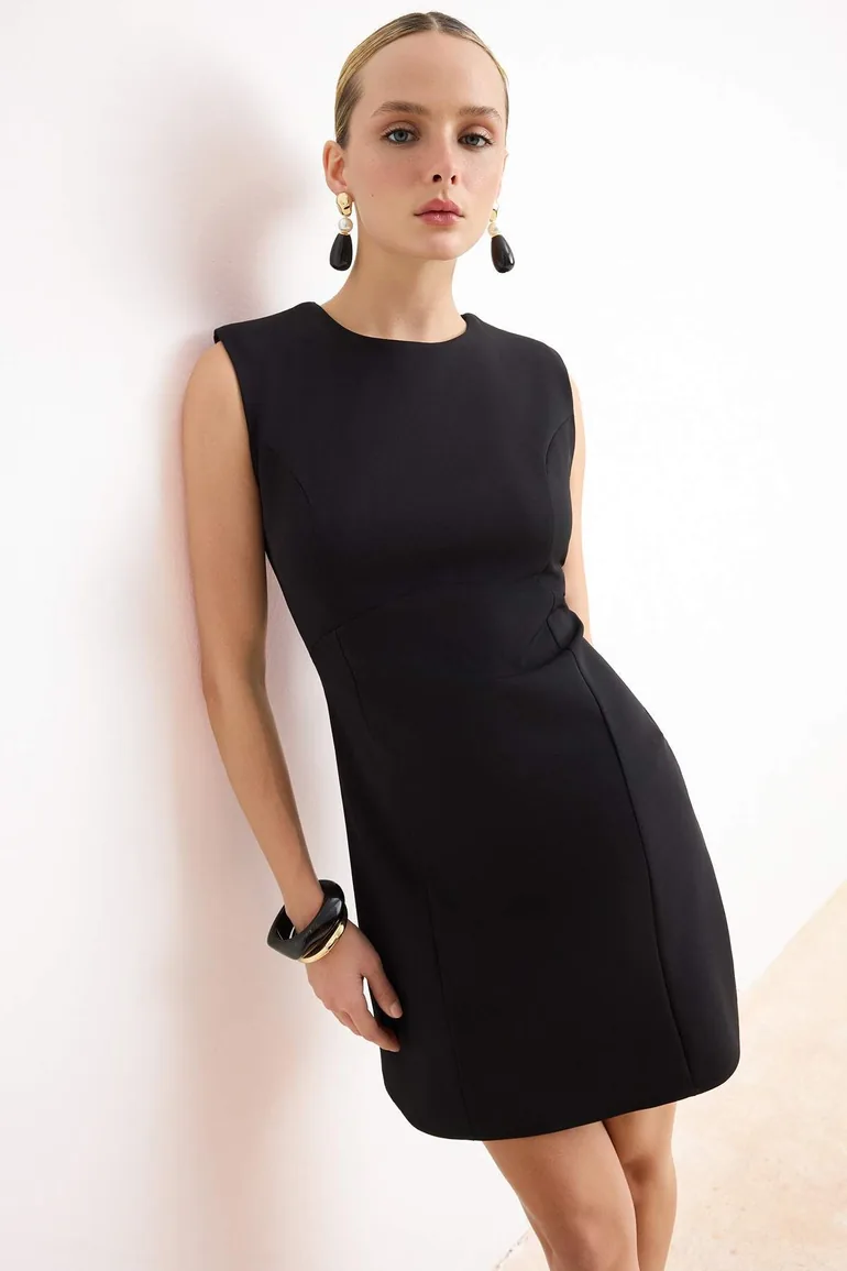 Black Straight Sleeveless Mini Woven Dress - 1