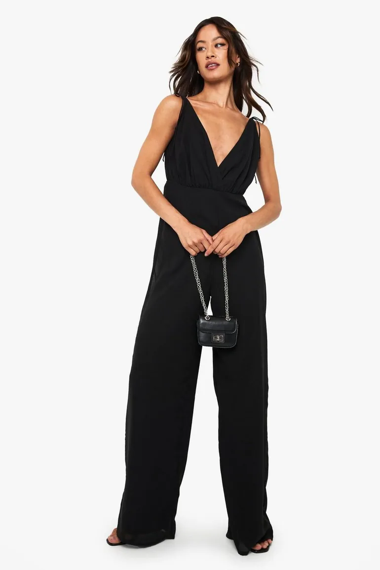 Tall Chiffon Strappy Wide Leg Jumpsuit - black