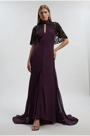 Crystal Embellished Cutwork Cape Detail Woven Maxi Dress