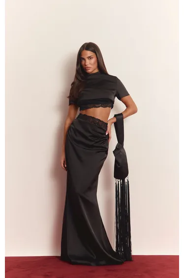 Black Structured Satin Drape Lace Detail Maxi Skirt