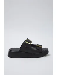 Black Double Band Buckle Detailed Thick Sole Women's Slippers - 2