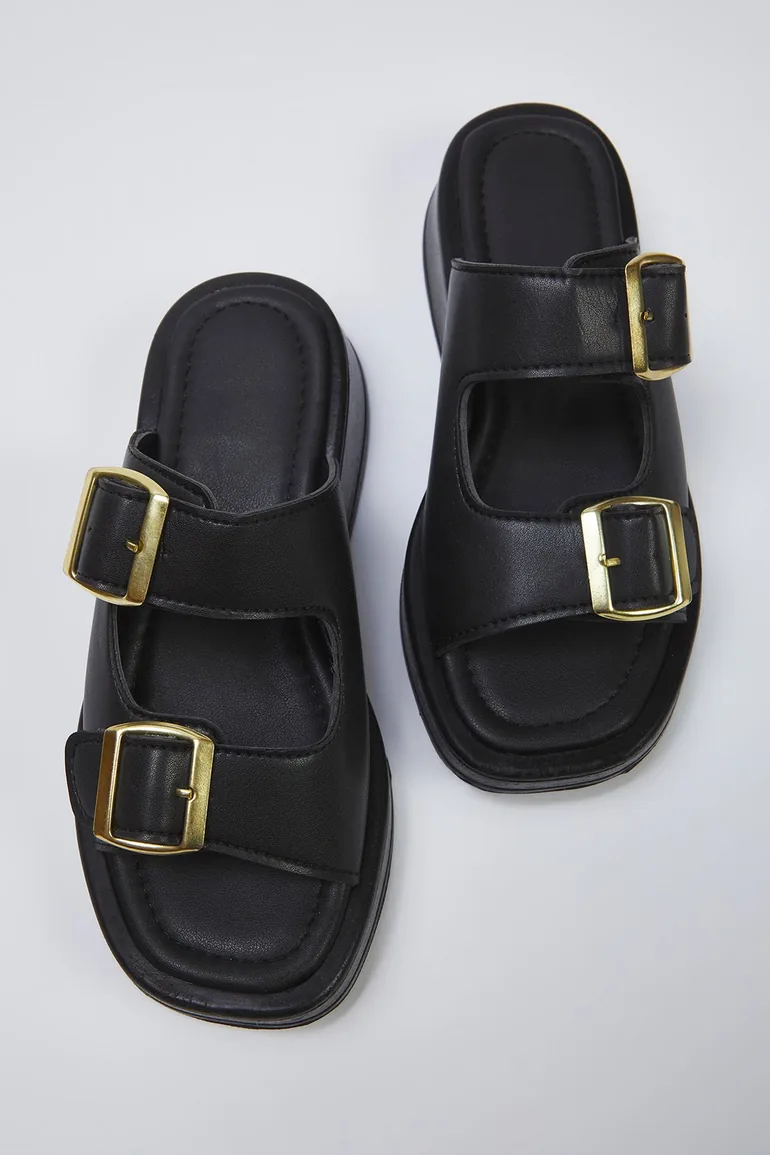 Black Double Band Buckle Detailed Thick Sole Women's Slippers