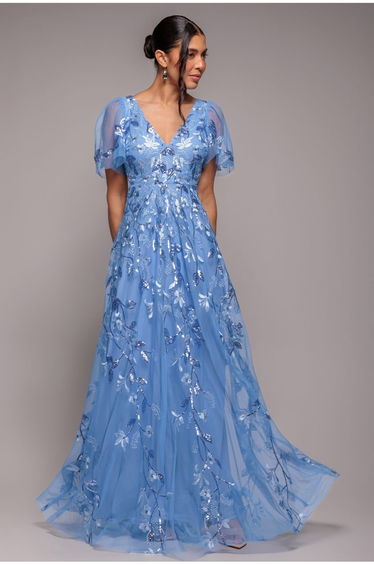 Goddiva Flared Sleeve Embroidered Maxi Dress - Cornflower Blue
