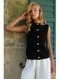 Women's Black Crew Neck Gold Buttoned Textured Knit Vest - 4