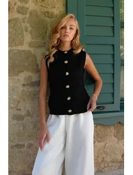 Women's Black Crew Neck Gold Buttoned Textured Knit Vest - 2