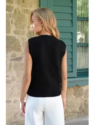 Women's Black Crew Neck Gold Buttoned Textured Knit Vest - 5