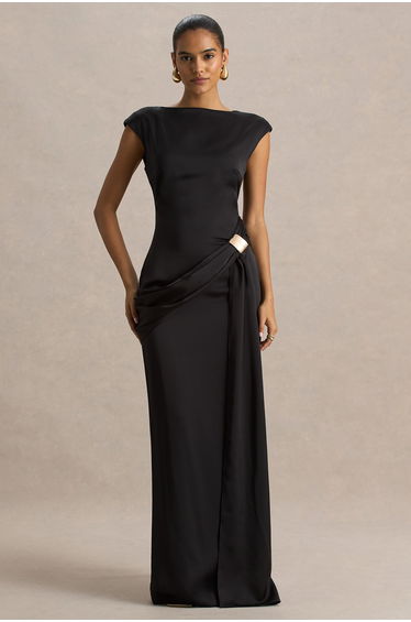 Influence | Black Satin Slashed-Neck Maxi Dress With Embellished and Ruched Details