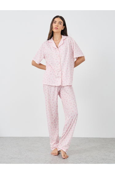 Women Pink Stripe and Bow Print Piped Shirt and Pyjama Set