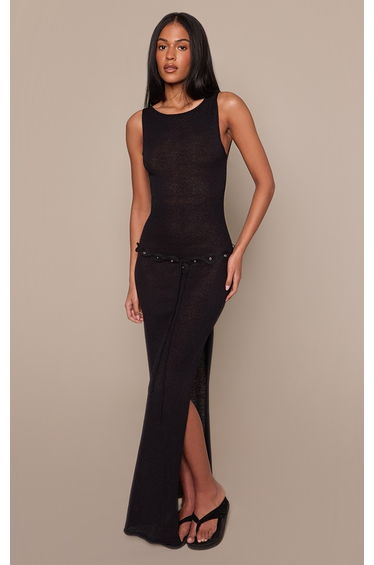 Tall Black Belt Detail Knitted Maxi Dress
