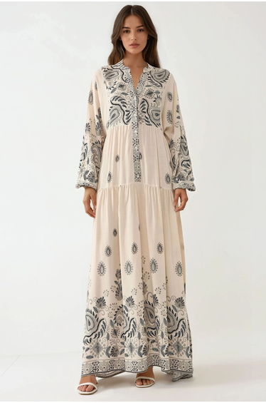 Printed V-neck Maxi Dress with Button Detail