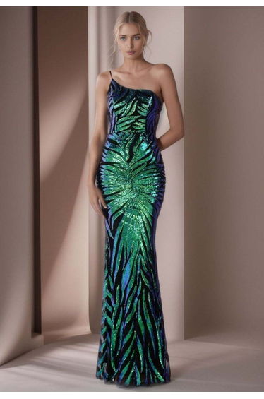 One-Shoulder Leaf Sequined Mermaid Gown in Green