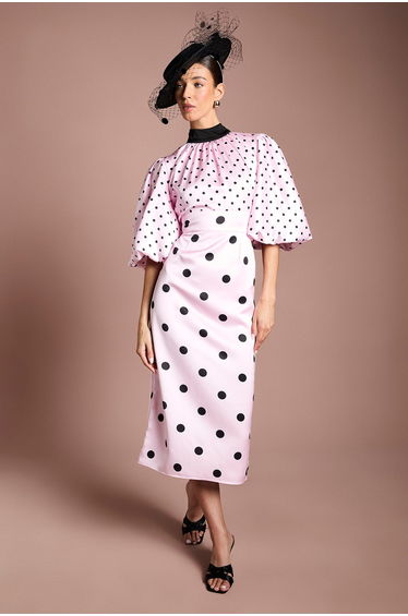 Lisa Tan Puff Sleeve High Neck Spot Satin Midi Dress